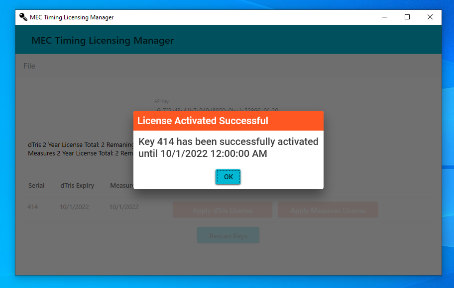 License Manager confirming a license was applied to a key
