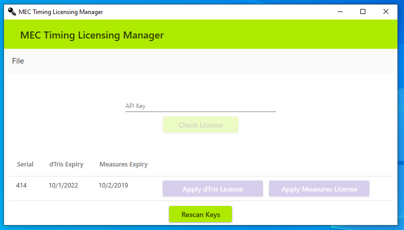 License Manager listing a connected hardware key with its expiry dates